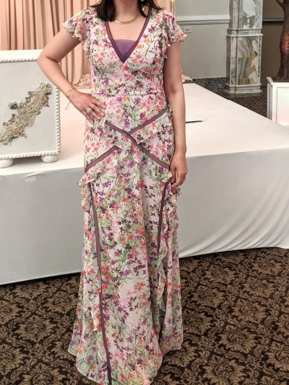 BCBGMaxAzria Floral Pink Purple Mesh/Ruffled Gown/Dress - Picture 4 of 7